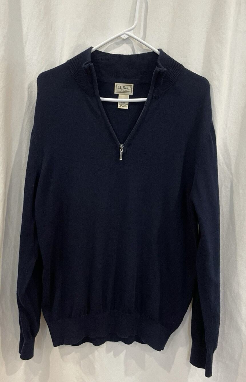 LL Bean Sweater Mens Navy Blue Quarter Zip 95% Cotton/5% Cashmere Sz Medium
